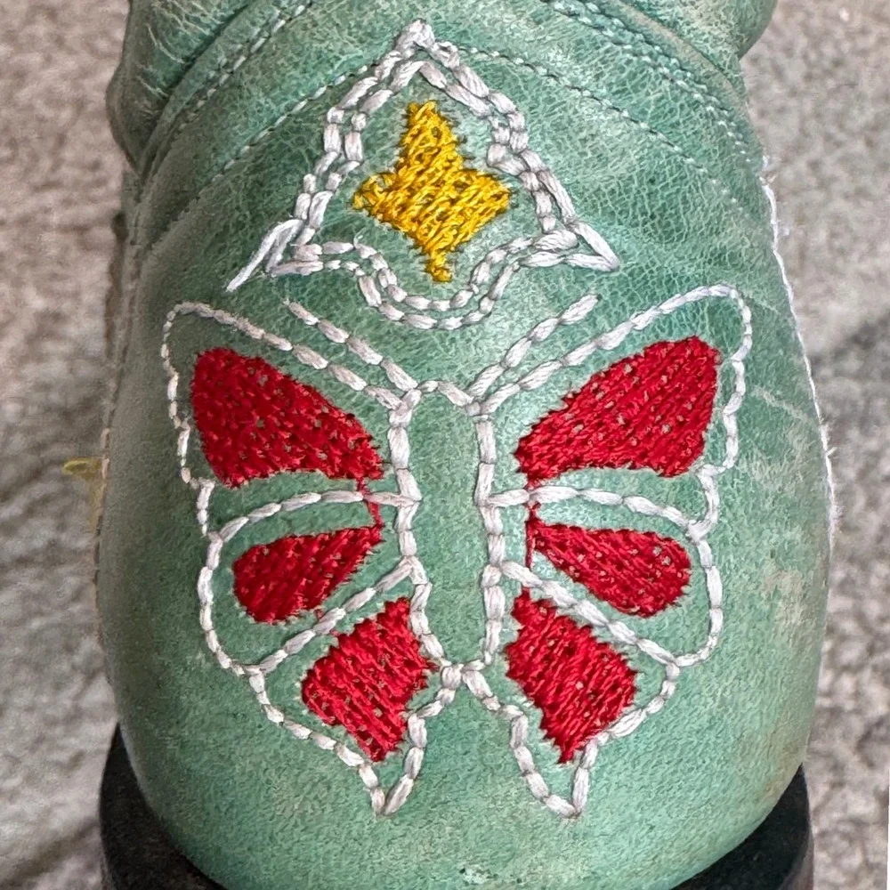 Corral Kids Turquoise Leather Butterfly Embroidered Western Boots Square Toe 1.5